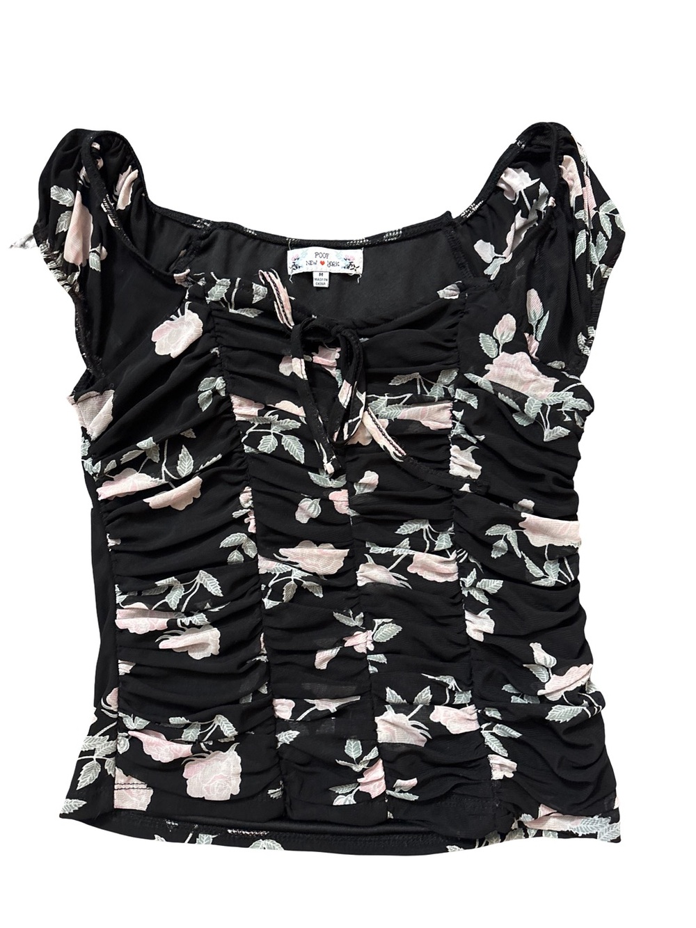 Poof! Black Ruched Floral Crop Top - Pink Rose Print